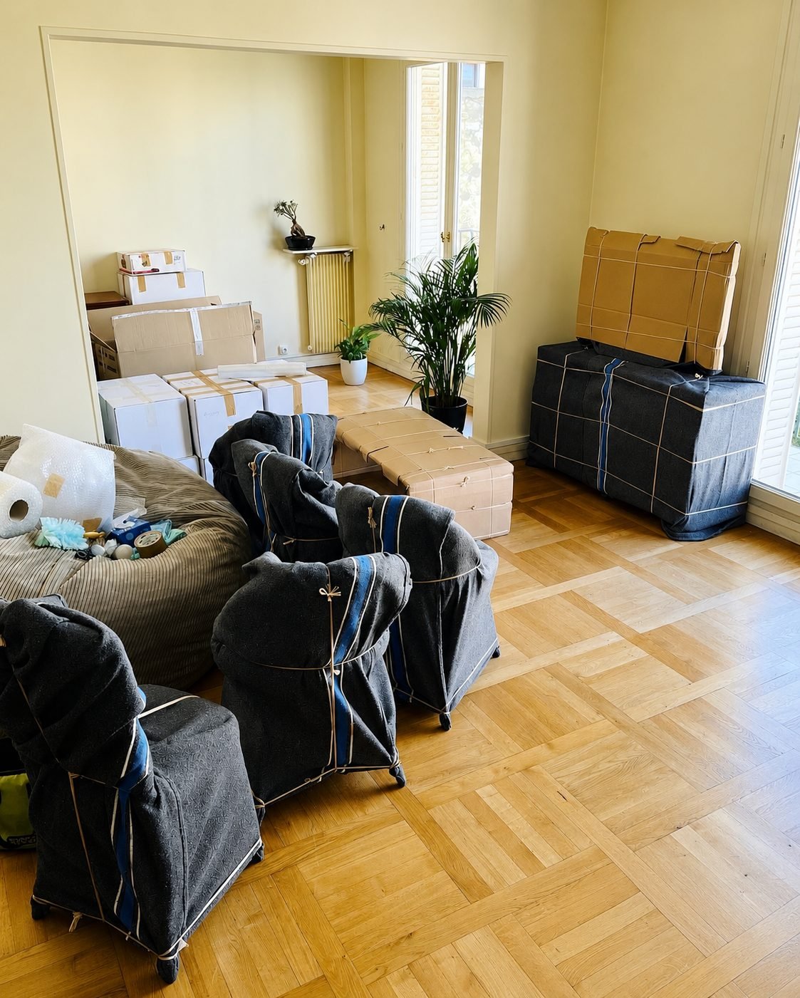 Fauteuils et cartons protégés lors d'un déménagement TransMovAzur